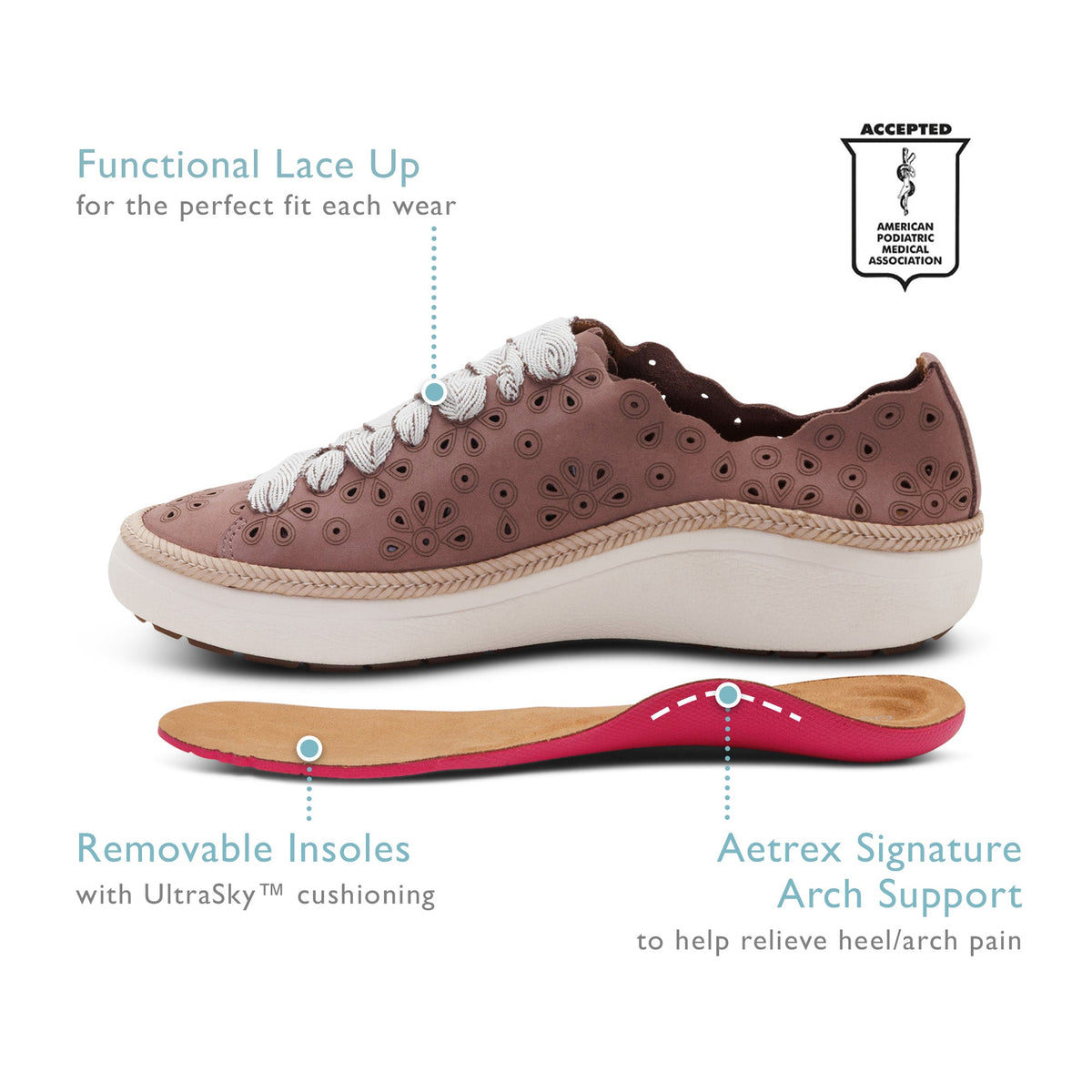 Aetrex Charlotte Lace-Up Sneaker - Mauve Nubuck