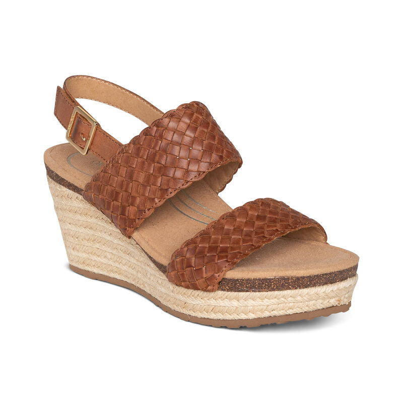 Aetrex Summer Woven Quarter Strap Wedge - Cognac