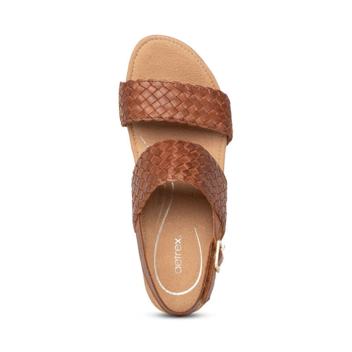 Aetrex Summer Woven Quarter Strap Wedge - Cognac