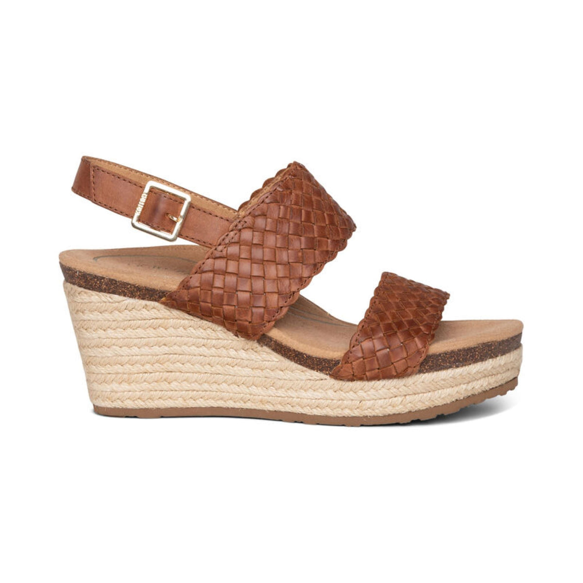 Aetrex Summer Woven Quarter Strap Wedge - Cognac