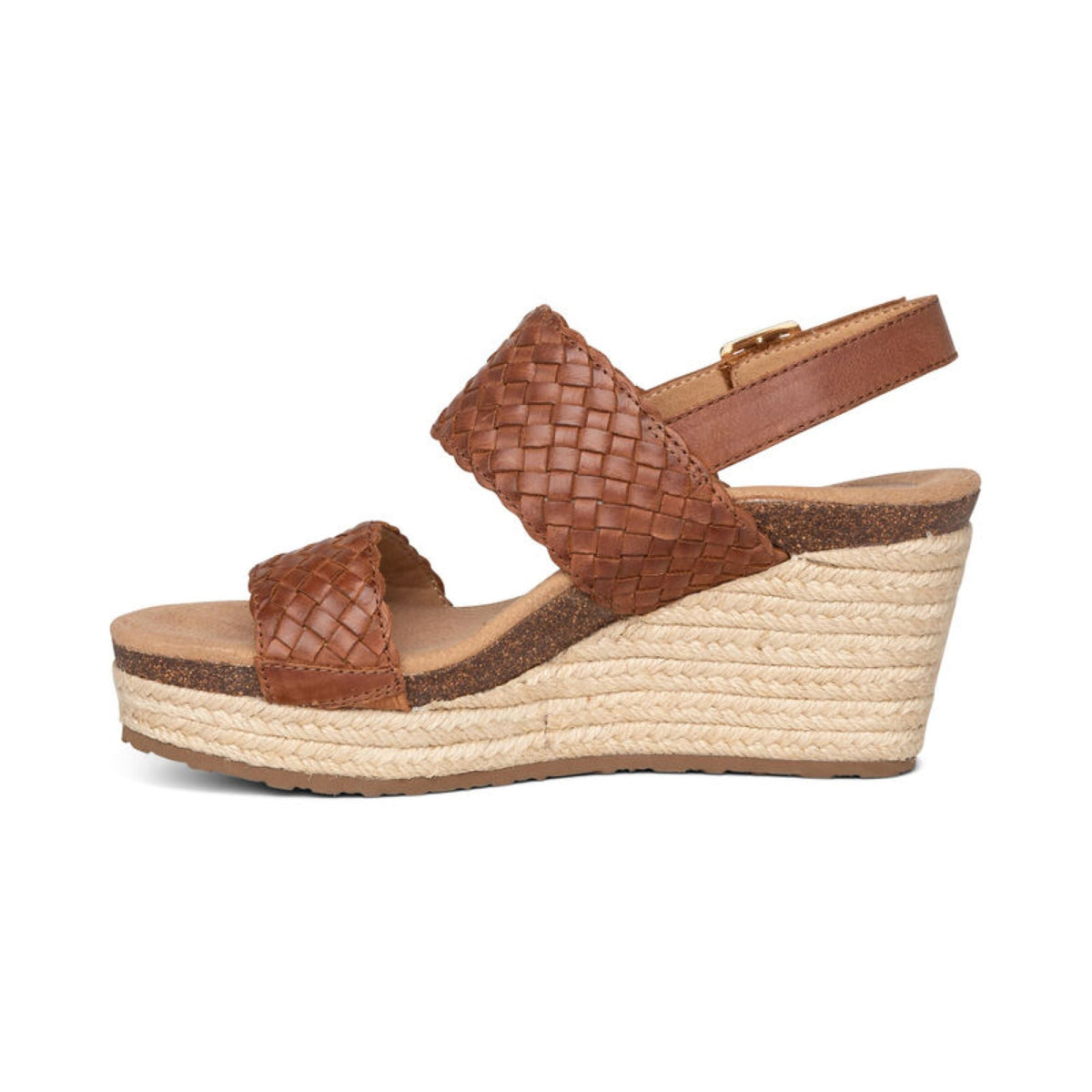 Aetrex Summer Woven Quarter Strap Wedge - Cognac