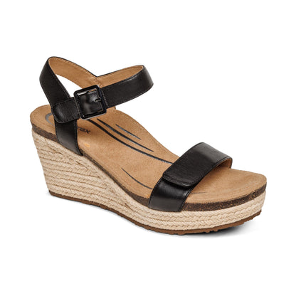 Aetrex Sydney Quarter Strap Espadrille Wedge - Black Leather