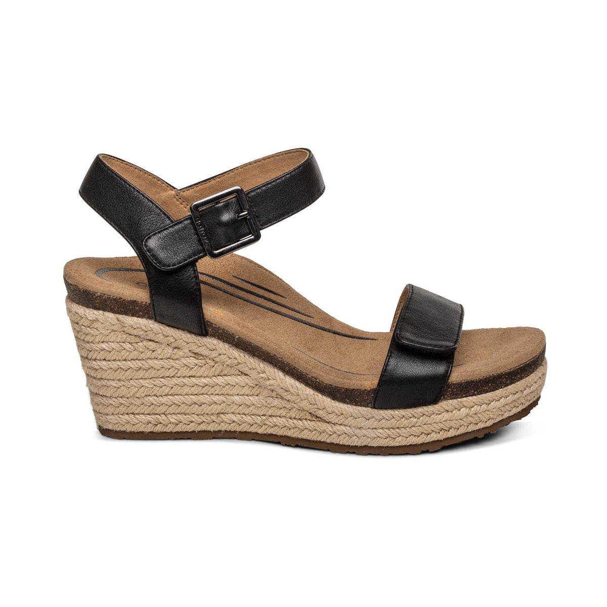 Aetrex Sydney Quarter Strap Espadrille Wedge - Black Leather