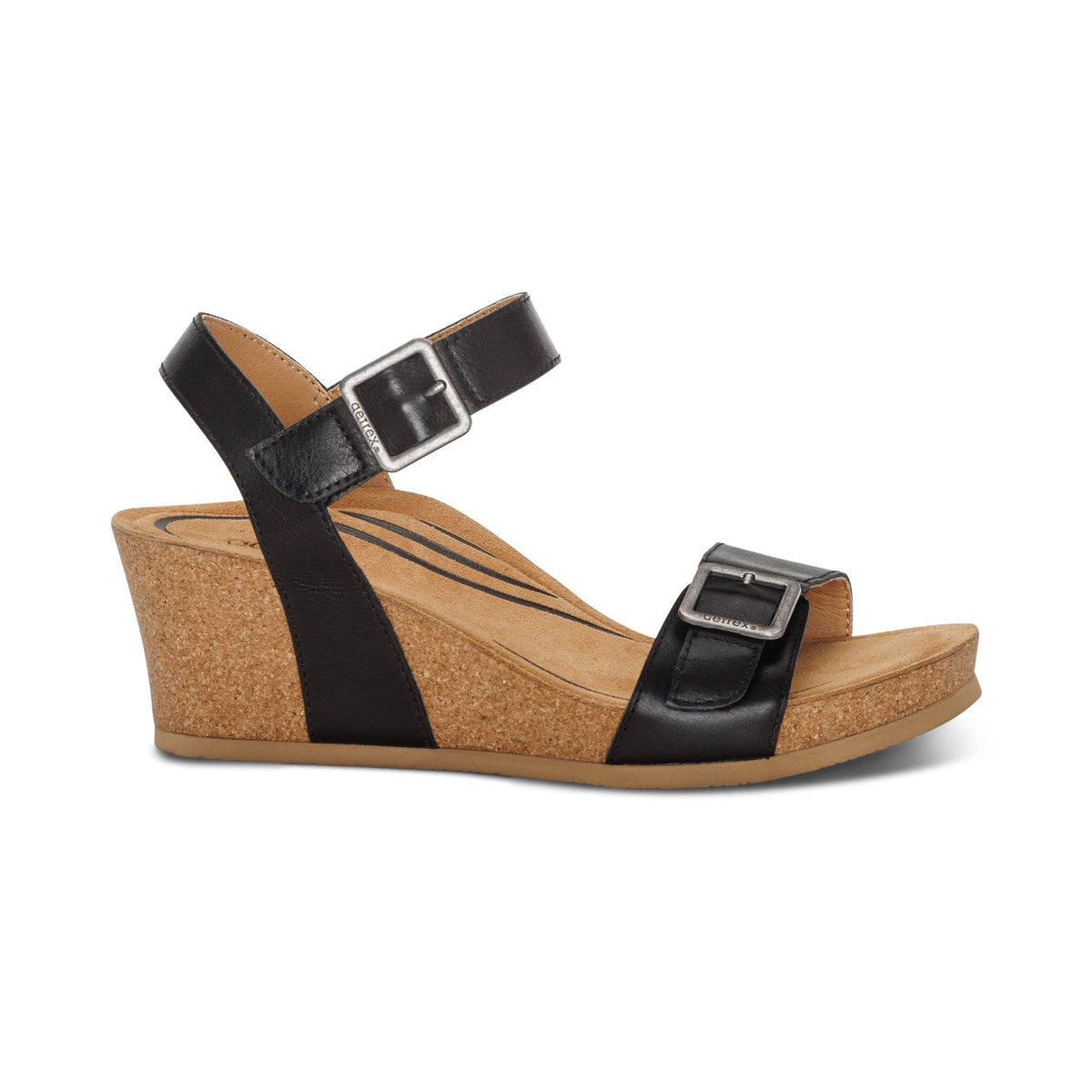 Aetrex Lexa Quarter Strap Wedge - Black Leather