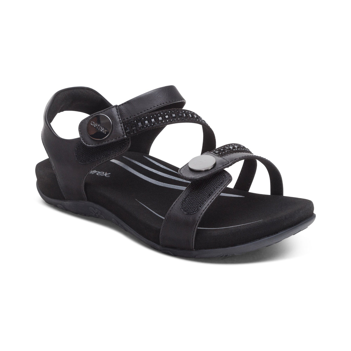 Aetrex Jess Adjustable Quarter Strap Sandal - Black Sparkle