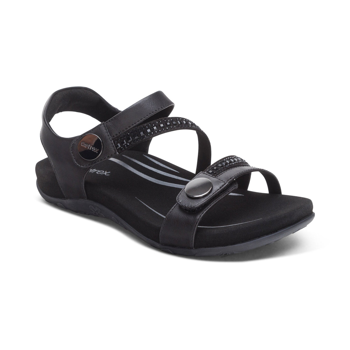 Aetrex Jess Adjustable Quarter Strap Sandal - Black Sparkle