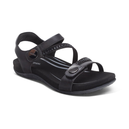 Aetrex Jess Adjustable Quarter Strap Sandal - Black Sparkle