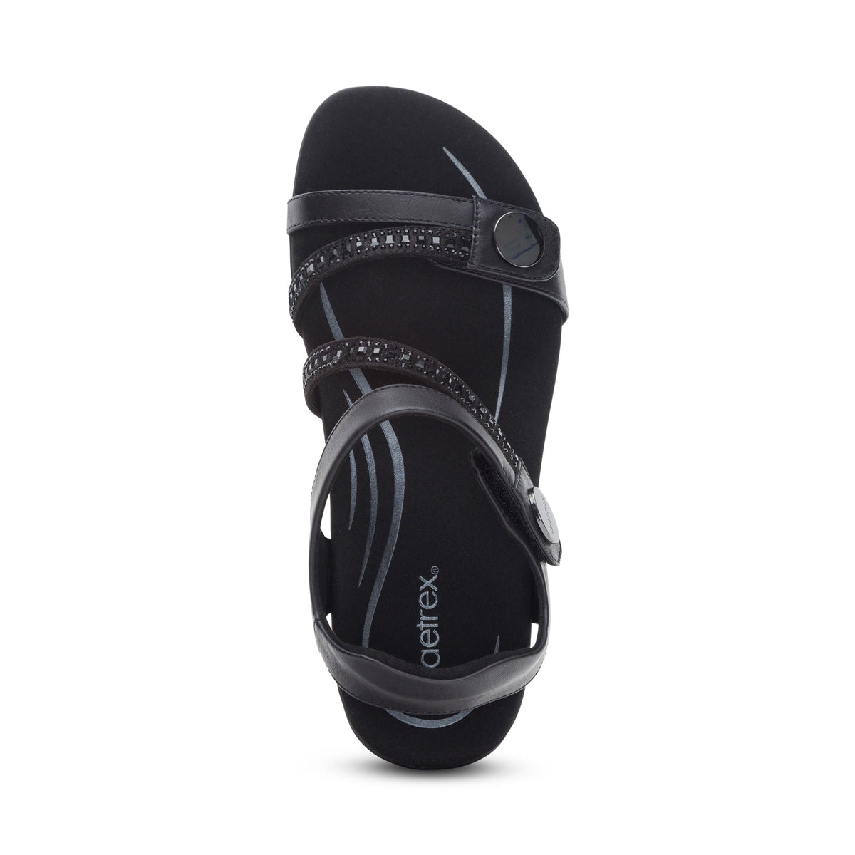Aetrex Jess Adjustable Quarter Strap Sandal - Black Sparkle