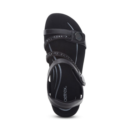 Aetrex Jess Adjustable Quarter Strap Sandal - Black Sparkle