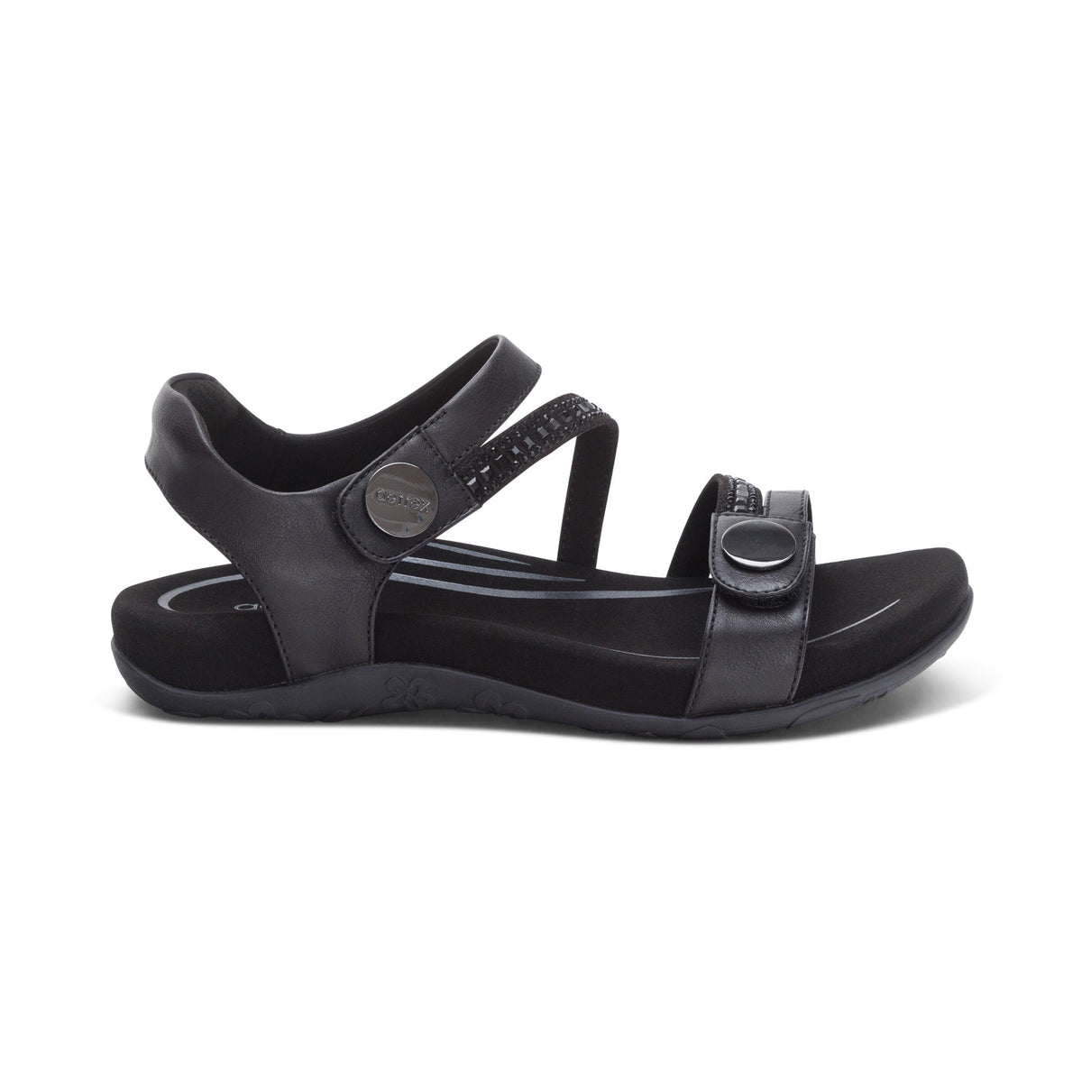 Aetrex Jess Adjustable Quarter Strap Sandal - Black Sparkle