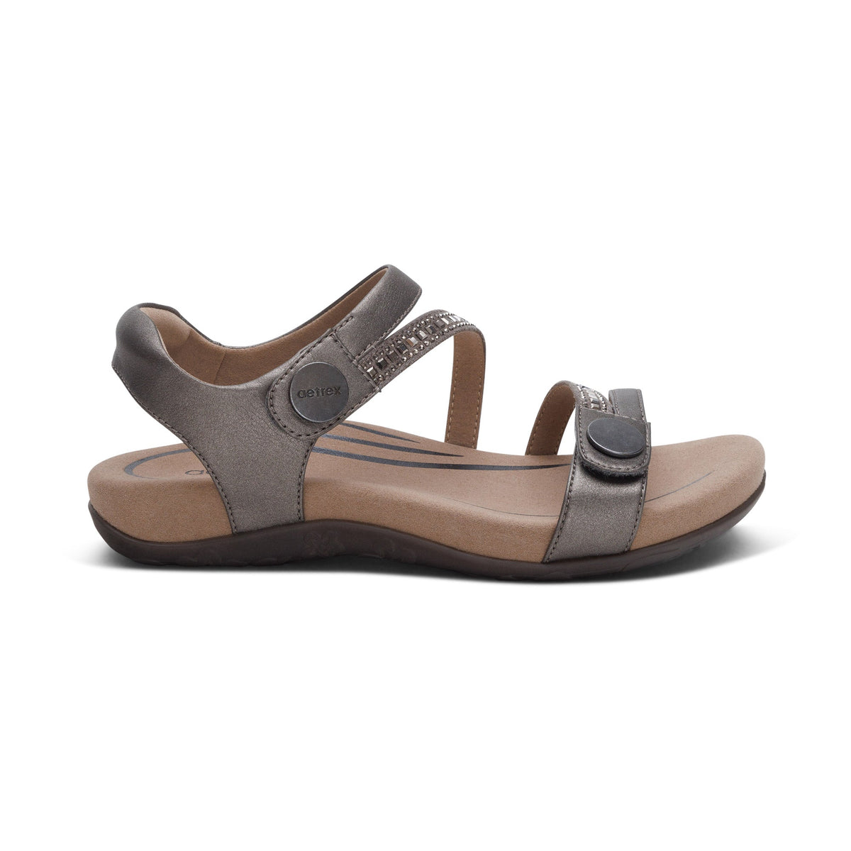 Aetrex Jess Adjustable Quarter Strap Sandal - Pewter Sparkle