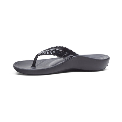 Aetrex Vicki Braided Thong Sandal - Black Gloss