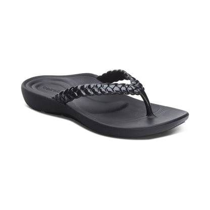 Aetrex Vicki Braided Thong Sandal - Black Gloss