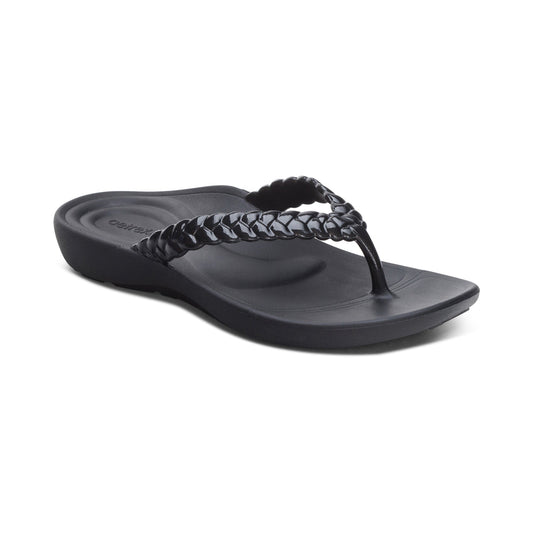 Aetrex Vicki Braided Thong Sandal - Black Gloss