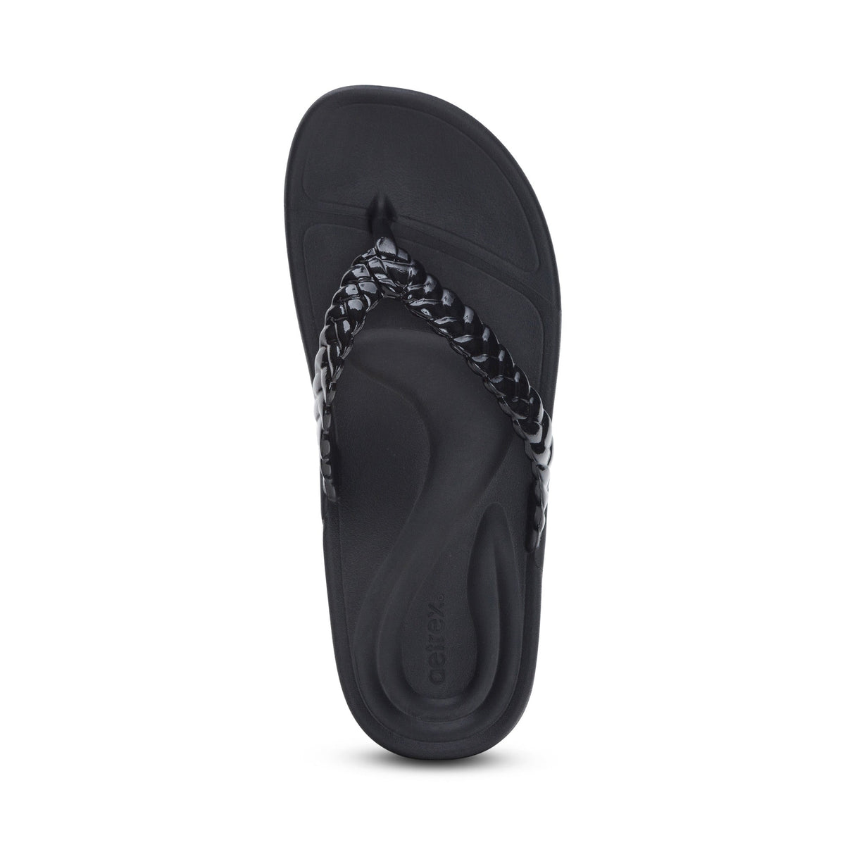 Aetrex Vicki Braided Thong Sandal - Black Gloss