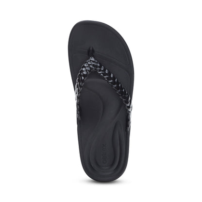 Aetrex Vicki Braided Thong Sandal - Black Gloss
