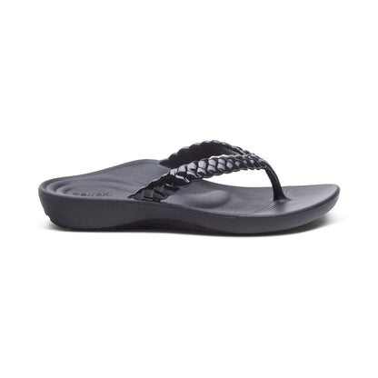 Aetrex Vicki Braided Thong Sandal - Black Gloss