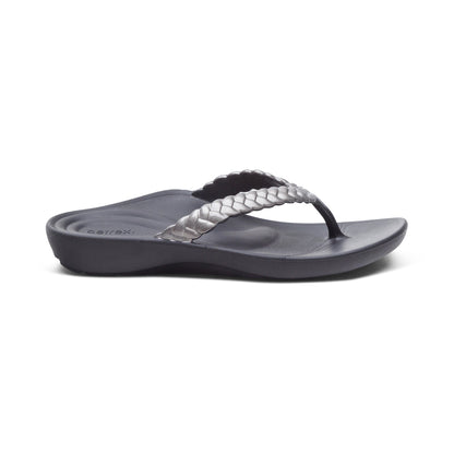 Aetrex Vicki Braided Thong Sandal - Pewter Gloss