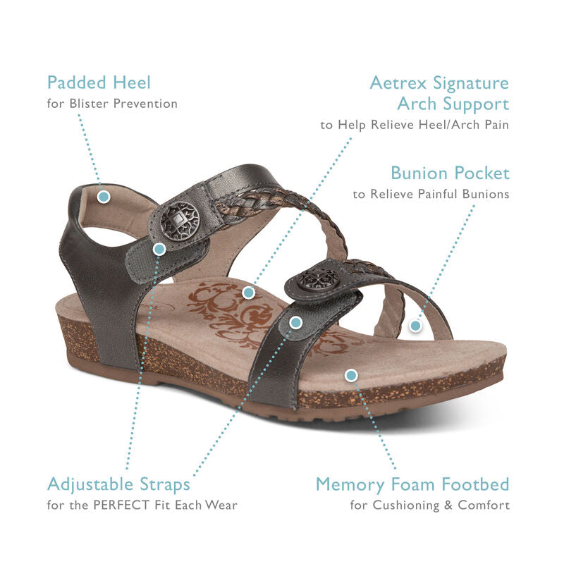 Aetrex Jillian Braided Quarter Strap Sandal - Gunmetal