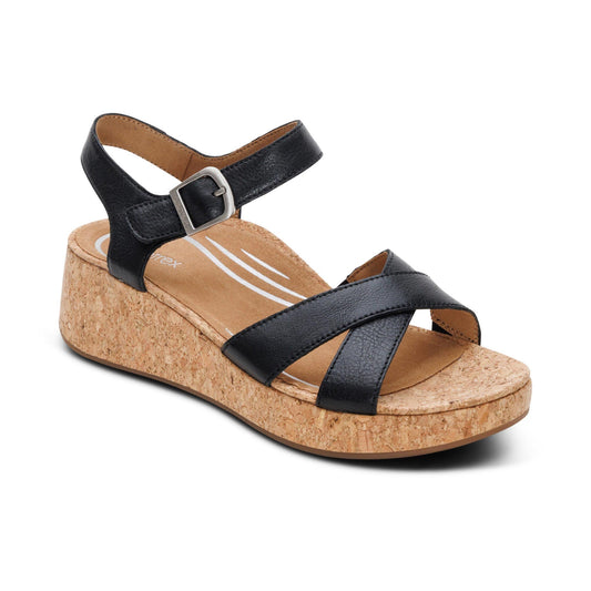 Aetrex Flora Adjustable Quarter Strap Wedge  - Black