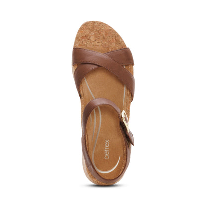 Aetrex Flora Adjustable Quarter Strap Wedge  - Brown