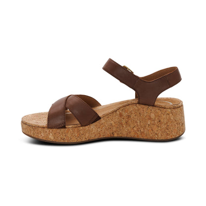 Aetrex Flora Adjustable Quarter Strap Wedge  - Brown
