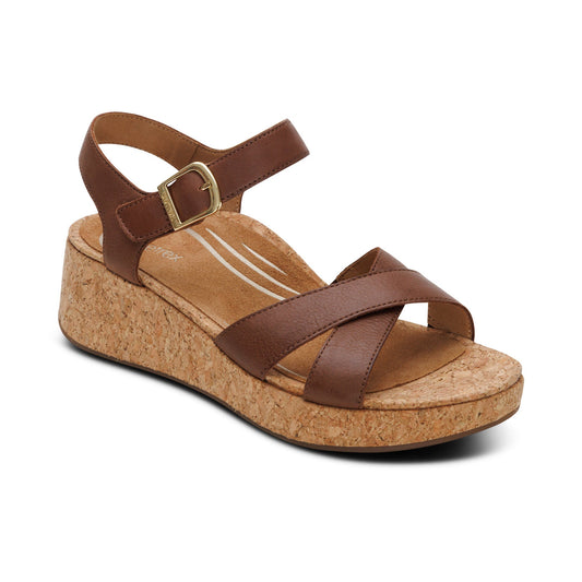 Aetrex Flora Adjustable Quarter Strap Wedge  - Brown