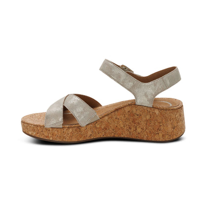 Aetrex Flora Adjustable Quarter Strap Wedge  - Champagne