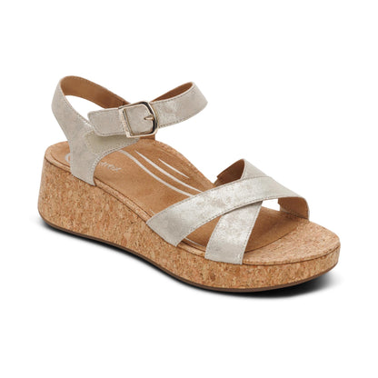 Aetrex Flora Adjustable Quarter Strap Wedge  - Champagne