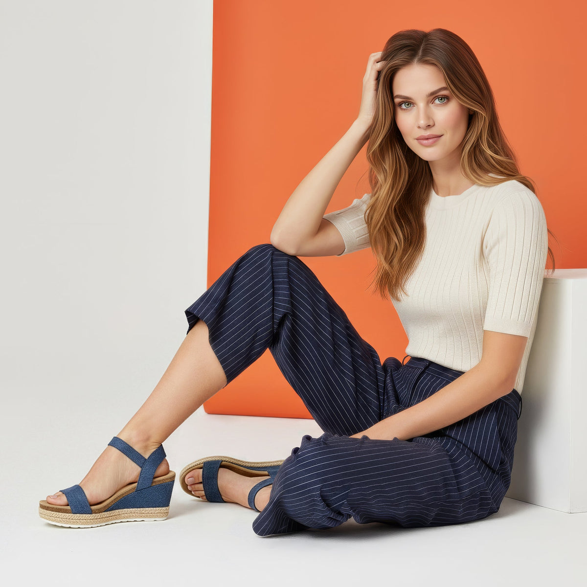 Aetrex Sydney Quarter Strap Espadrille Wedge - Denim