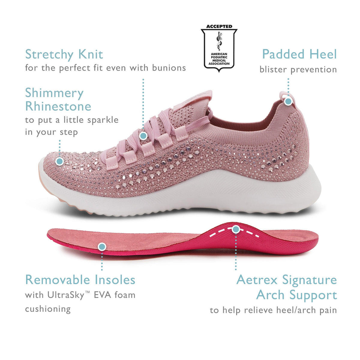 Aetrex Carly Arch Support Sneaker - Pink Sparkle